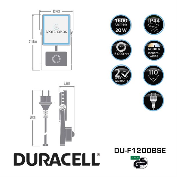 DURACELL LED projektør 20W med sensor 1600 lumen #DU-F1200BSE  